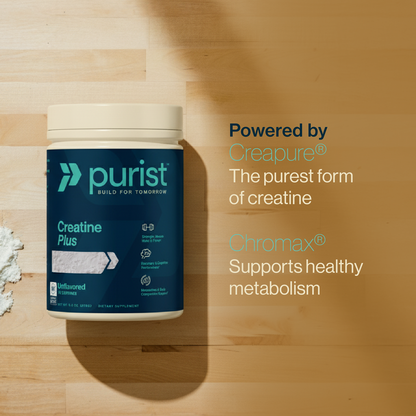Purist Creatine Plus supplement container on a gray surface with text about Creapure (the purest form of creatine) and Chromax (supports health metabolism).