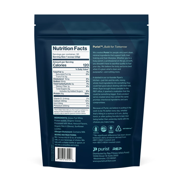 Back of a blue package with nutrition facts label and ingredient list on a white background