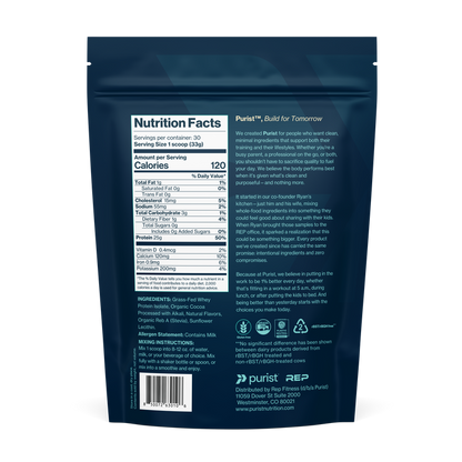 Back of a blue package with nutrition facts label and ingredient list on a white background