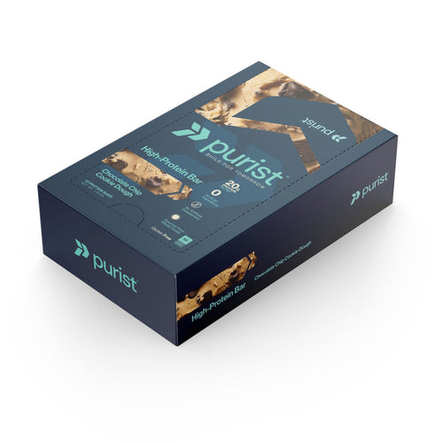 Box of Chocolate Chip Cookie Dough Purist High Protein Bars on a white background
