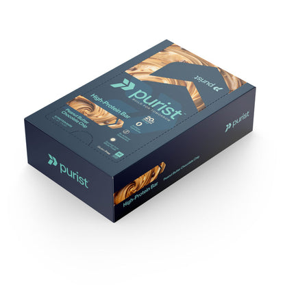 Box of Peanut Butter Chocolate Chip Purist High Protein Bars on a white background