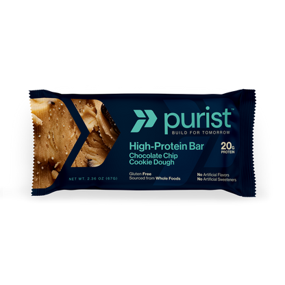 Purist high-protein bar packaging with chocolate chip cookie dough flavor.
