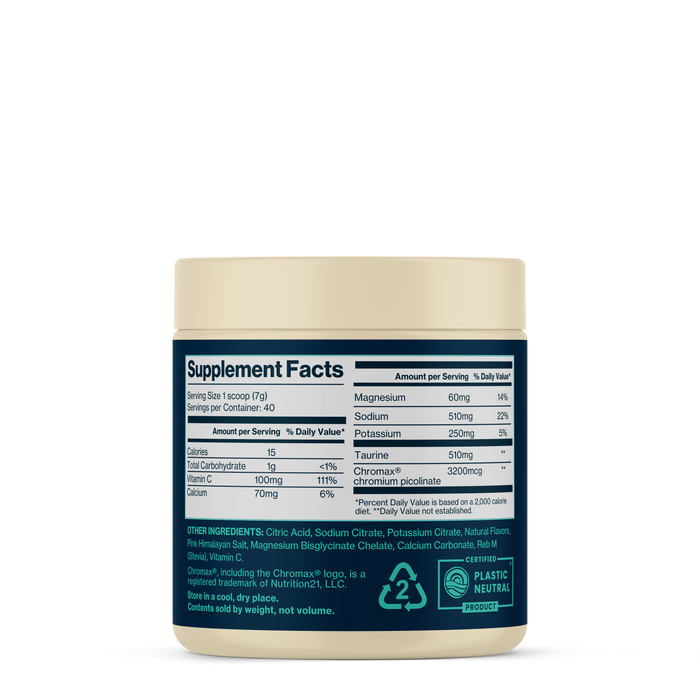 Hydration supplement container with a blue label on a white background