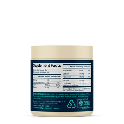 Hydration supplement container with a blue label on a white background