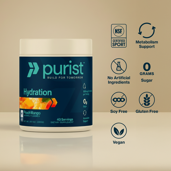 Purist Hydration powder container with certification icons on a gray background