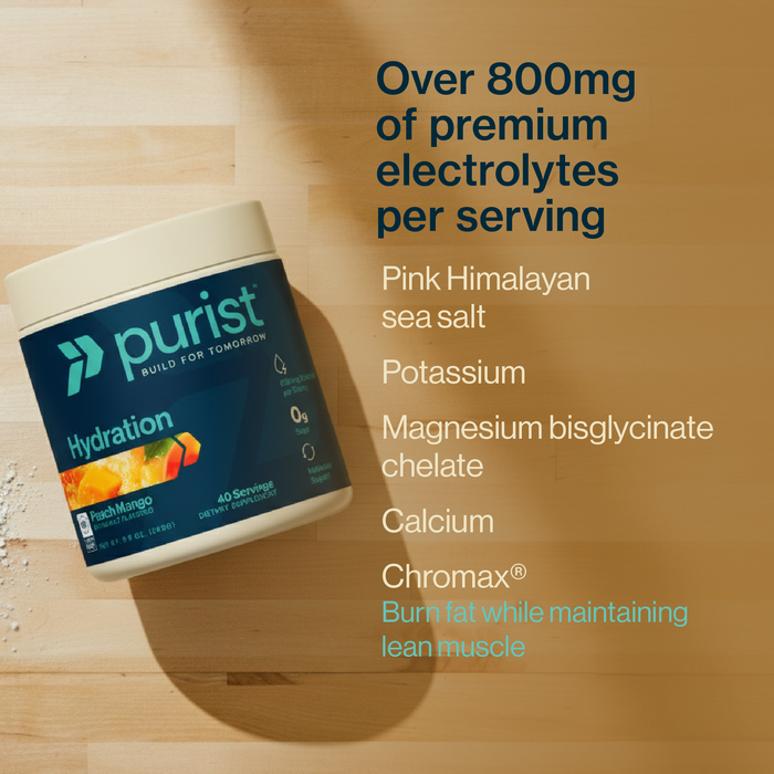 Purist hydration product container on a wooden surface with text about electrolyte content.