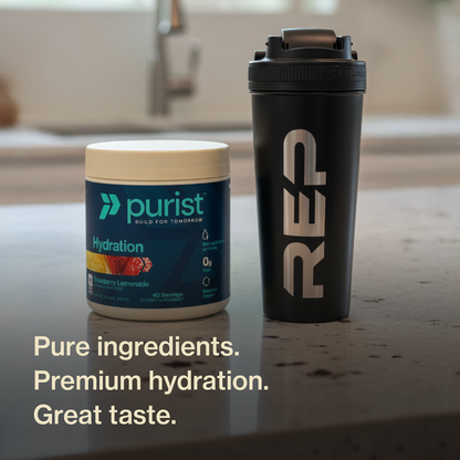 Purist hydration container and REP shaker cup on a kitchen counter. Pure ingredients. Premium hydration. Great taste.