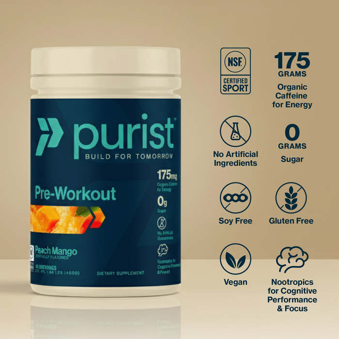 Purist pre-workout supplement container with certification logos on a light background