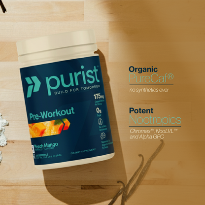 Purist pre-workout supplement container on a gray background with PureCaf organic protein and Nootropics listed.
