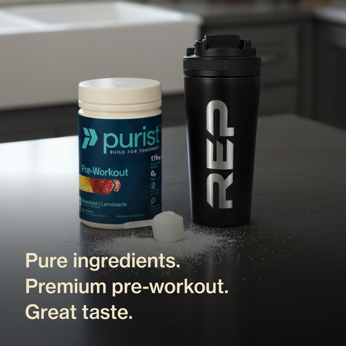 Purist® pre-workout  strawberry lemonade supplement container and shaker bottle on a table with text about product features (pure ingredients, premium pre-workout, great taste.