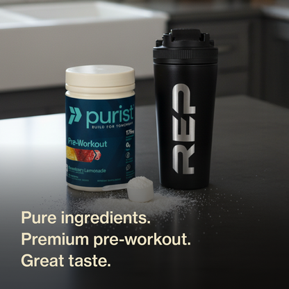 Purist® pre-workout  strawberry lemonade supplement container and shaker bottle on a table with text about product features (pure ingredients, premium pre-workout, great taste.