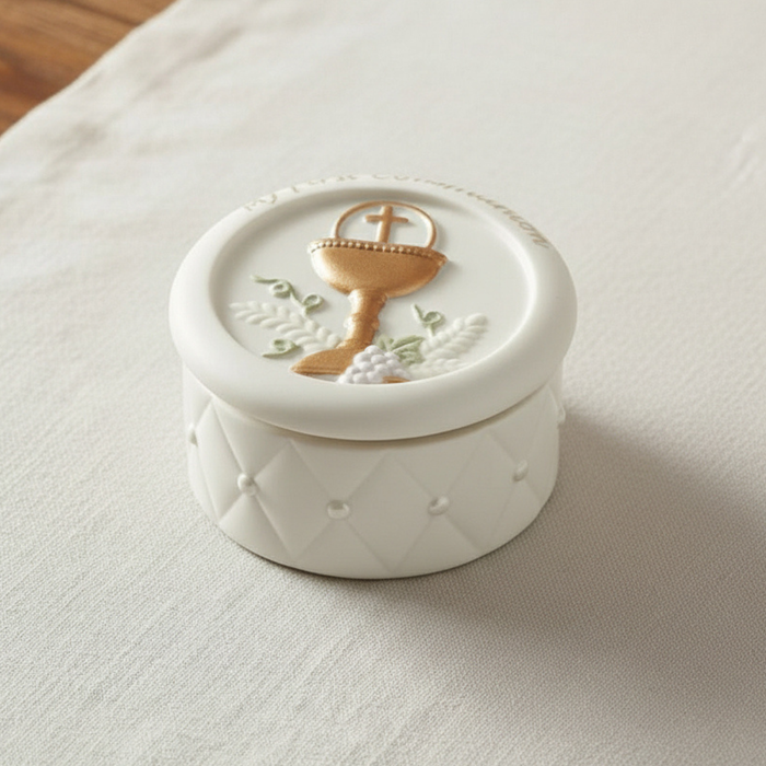 Quilted First Communion Porcelain Rosary Holder