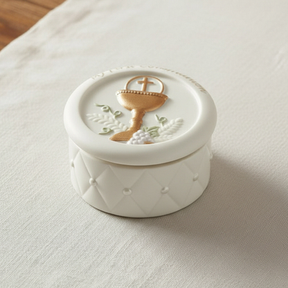 Quilted First Communion Porcelain Rosary Holder