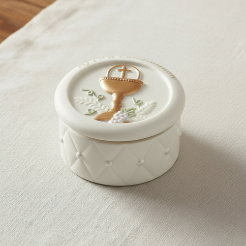 Quilted First Communion Porcelain Rosary Holder