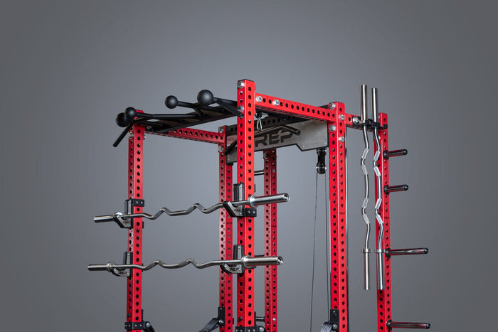 Rackable curl bars being shown racked on j-cups on a PR-5000 rack.