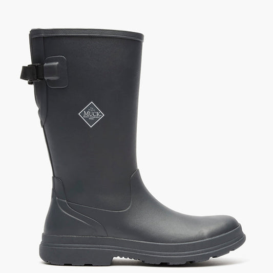 Gray rubber boot with a buckle on a white background