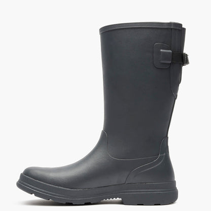 Black rubber boot with a buckle on a white background