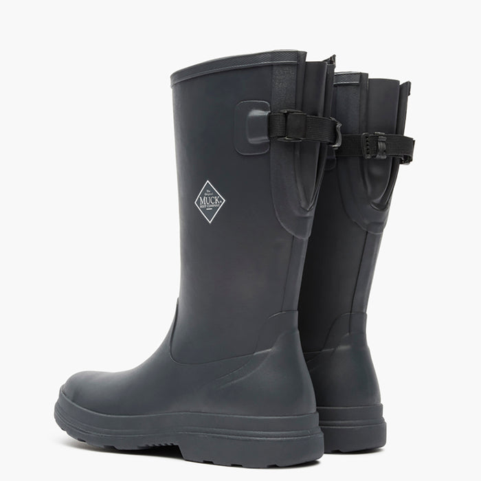 Pair of black rubber boots with a buckle on a white background