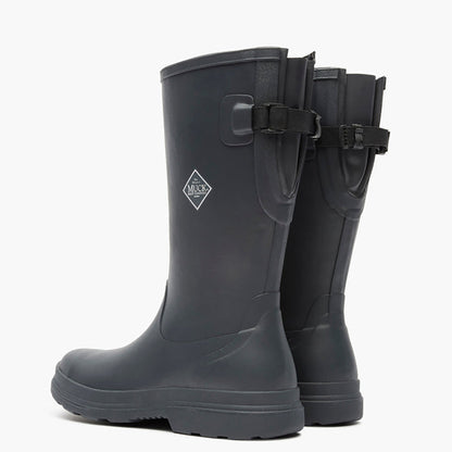 Pair of black rubber boots with a buckle on a white background