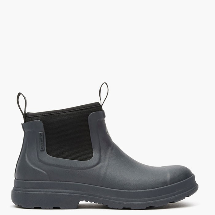 Gray rubber boot with black elastic shaft on a white background