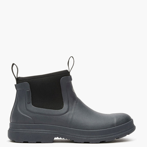 Gray rubber boot with black elastic shaft on a white background