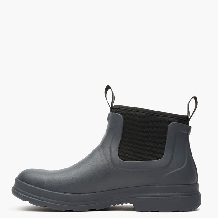 Gray rubber boot with black elastic shaft on a white background