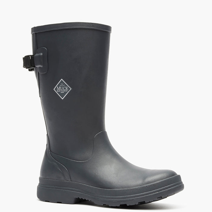 Black rubber boot with a visible brand logo on a white background