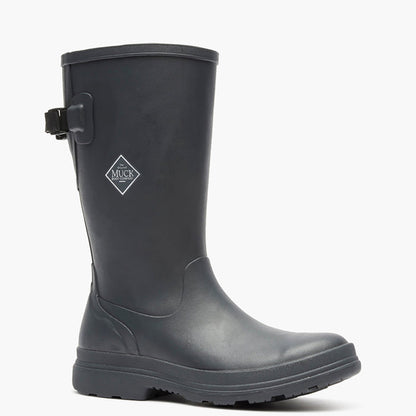 Black rubber boot with a visible brand logo on a white background