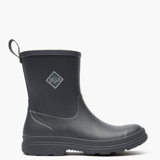 Black rubber boot with Muck logo on a white background