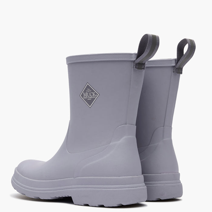Pair of gray rain boots with a visible brand logo on a white background