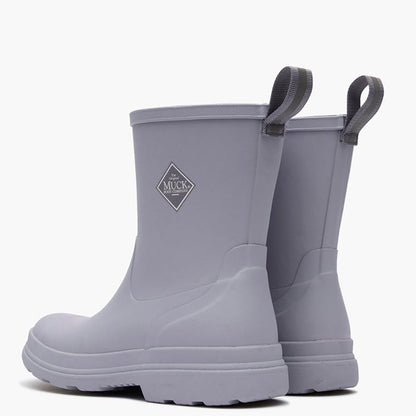 Pair of gray rain boots with a visible brand logo on a white background
