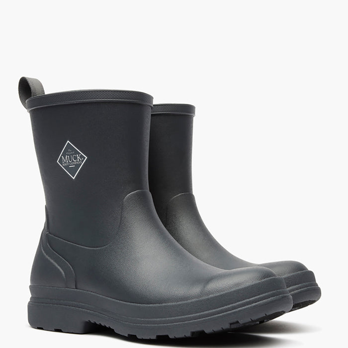 Pair of black rubber boots with a visible brand logo on a white background