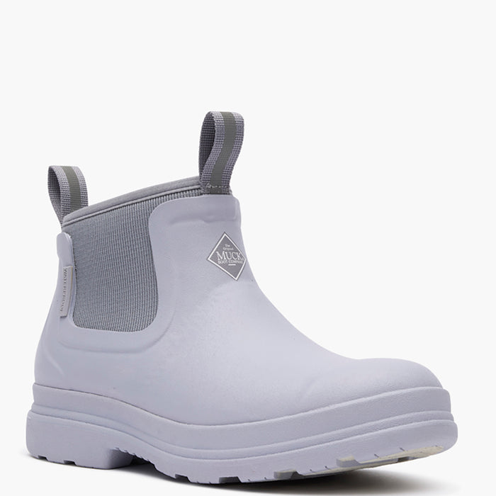 Gray rubber boot with a brand logo on a white background