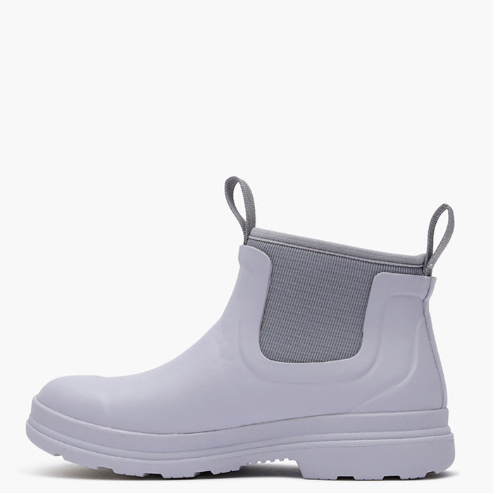 White rain boot with gray lining on a white background