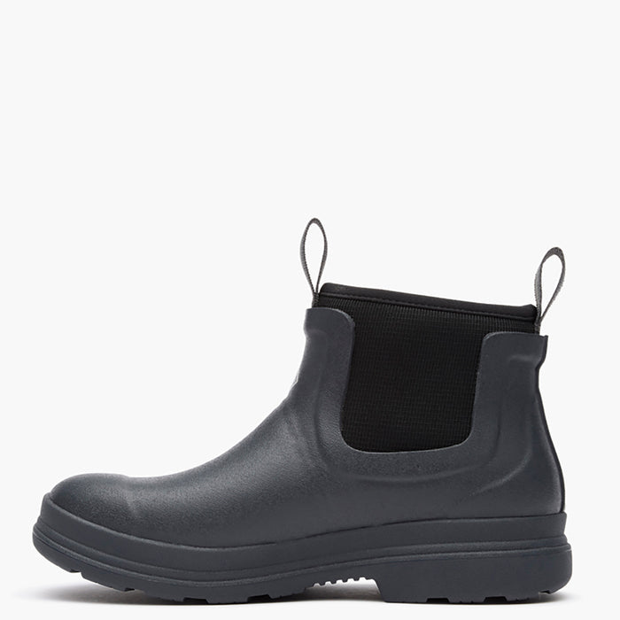 Black rubber boot with elastic side panels on a white background
