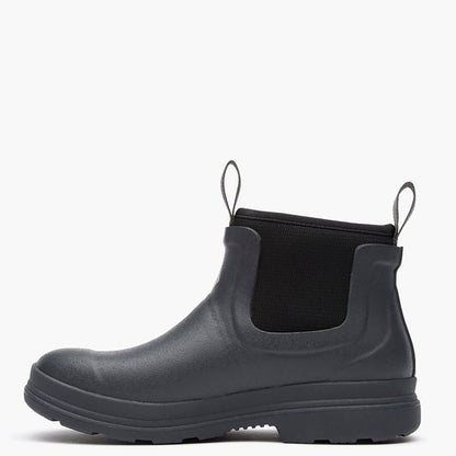 Black rubber boot with elastic side panels on a white background