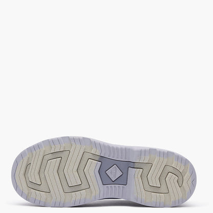 Close-up of a shoe sole with tread pattern on a white background