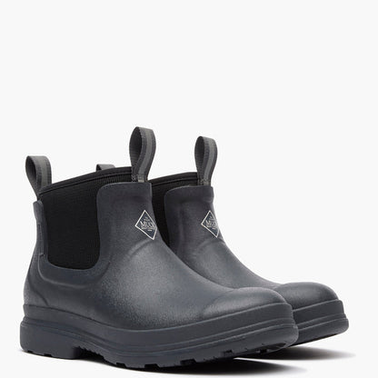 Pair of black rubber boots with a brand logo on a white background