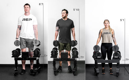 3 part photo showing 3 athletes of different heights unracking dumbbells from the 3 different height settings of the REP Adjustable Dumbbell Stand.