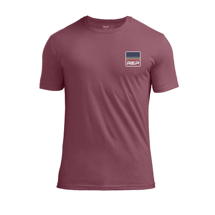 The REP Fitness Rise Tri-Blend Crew T-Shirt in Heather Maroon/Blue front, flat shot