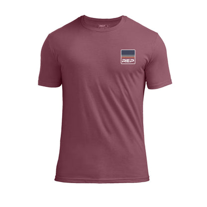 The REP Fitness Rise Tri-Blend Crew T-Shirt in Heather Maroon/Blue front, flat shot