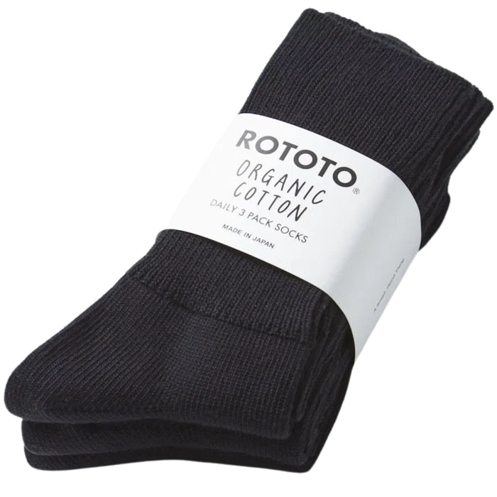 RoToTo Socks Daily 3 Pack Ribbed Crew Socks - Black