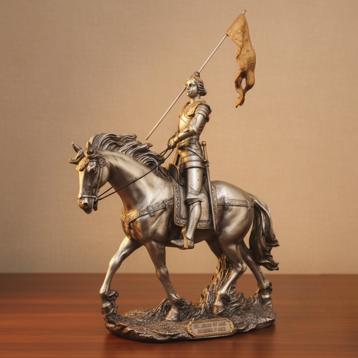 Statue of St. Joan of Arc on horseback with a flag, displayed on a wooden surface.