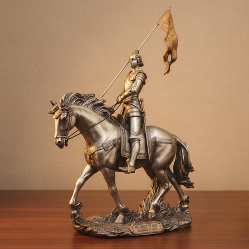 Statue of St. Joan of Arc on horseback with a flag, displayed on a wooden surface.