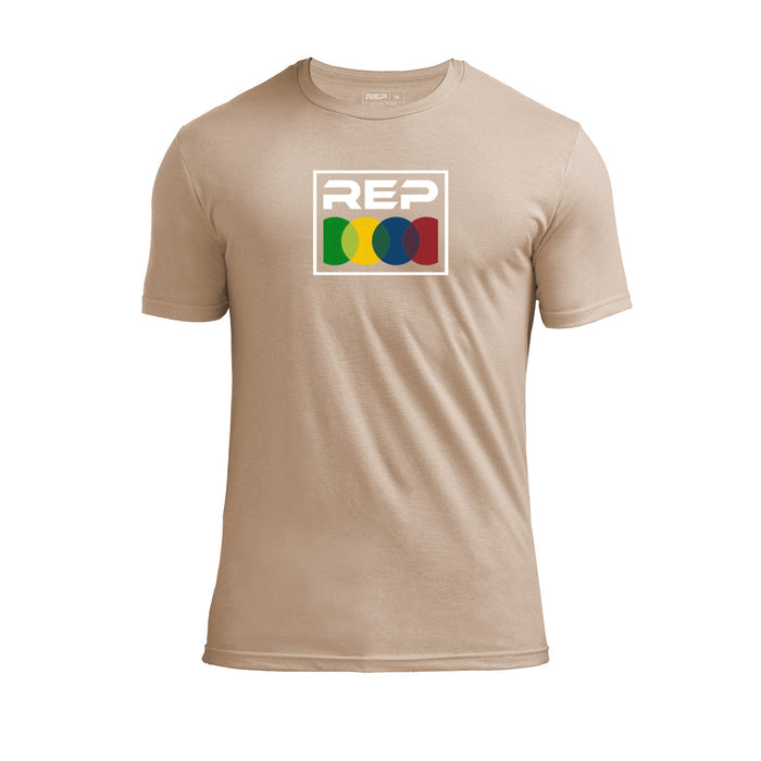 The REP fitness Stacked Tri-Blend Crew T-Shirt in Heather Desert/White