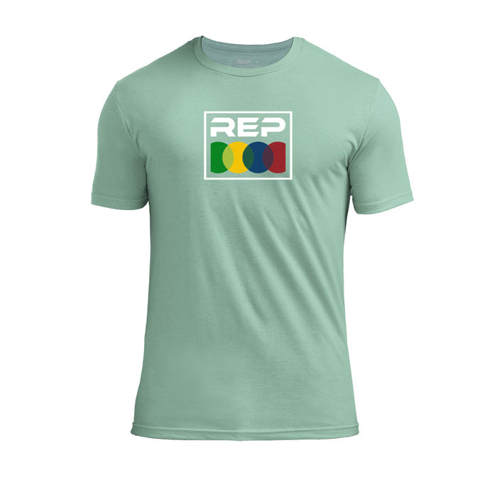 The REP fitness Stacked Tri-Blend Crew T-Shirt in Heather Sage/White