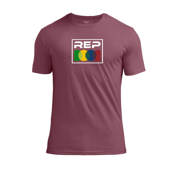 The REP fitness Stacked Tri-Blend Crew T-Shirt in Heather Maroon/White