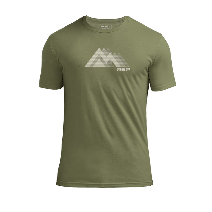 The REP Fitness Summit Tri-Blend Crew T-Shirt in Heather Olive/Tan front