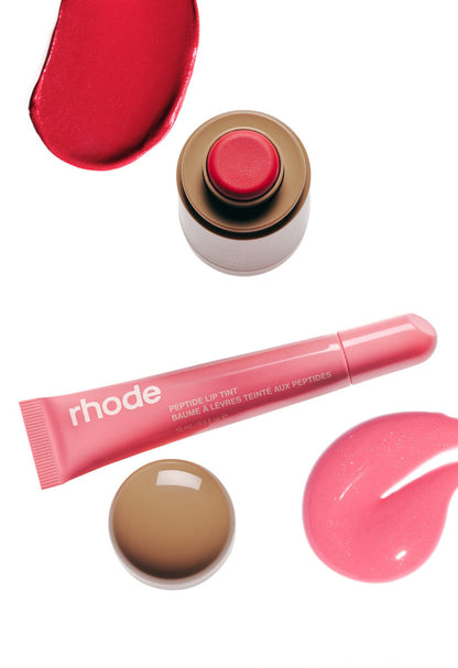 pocket blush candy apple + swatch, peptide lip tint sweet pea + swatch