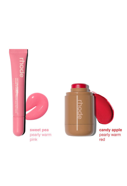 sweet pea pearly warm pink, candy apple pearly warm red